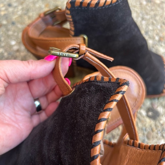 Frye Bohemian Whipstitch Suede Stacked Heel Black Peep Toe Boots Size 10 - Picture 7 of 12
